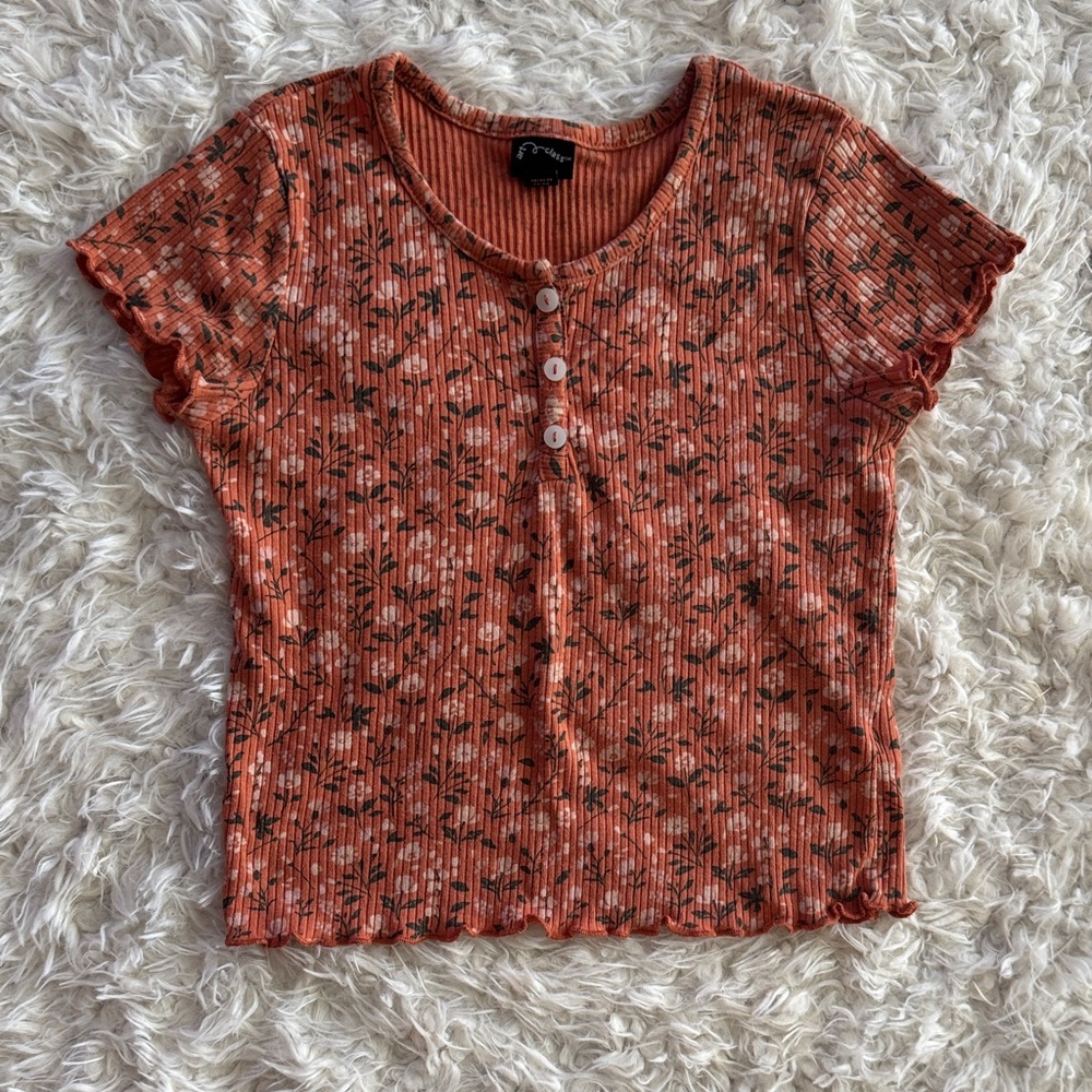 Rue21 Orange Floral Ribbed Henley Crop Top